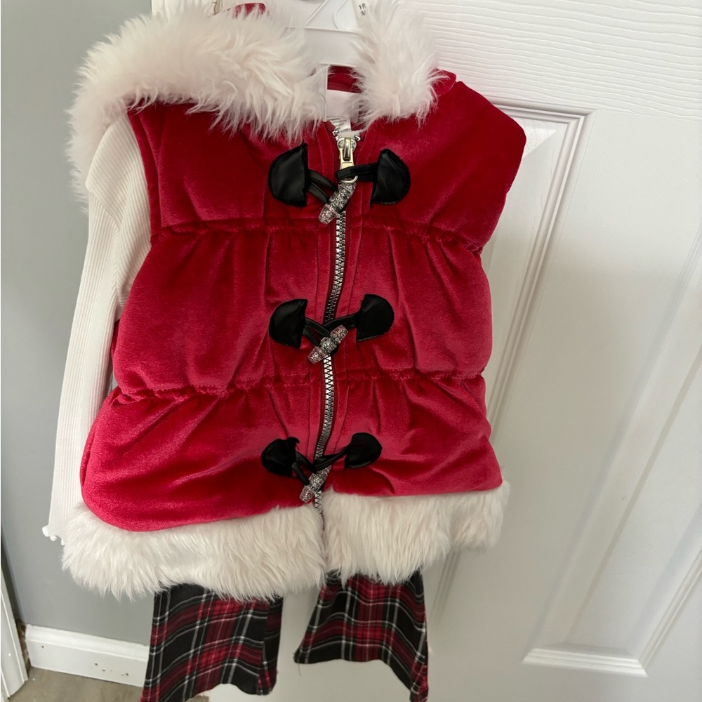 Red Velvet Hooded Vest with Faux Fur Trim